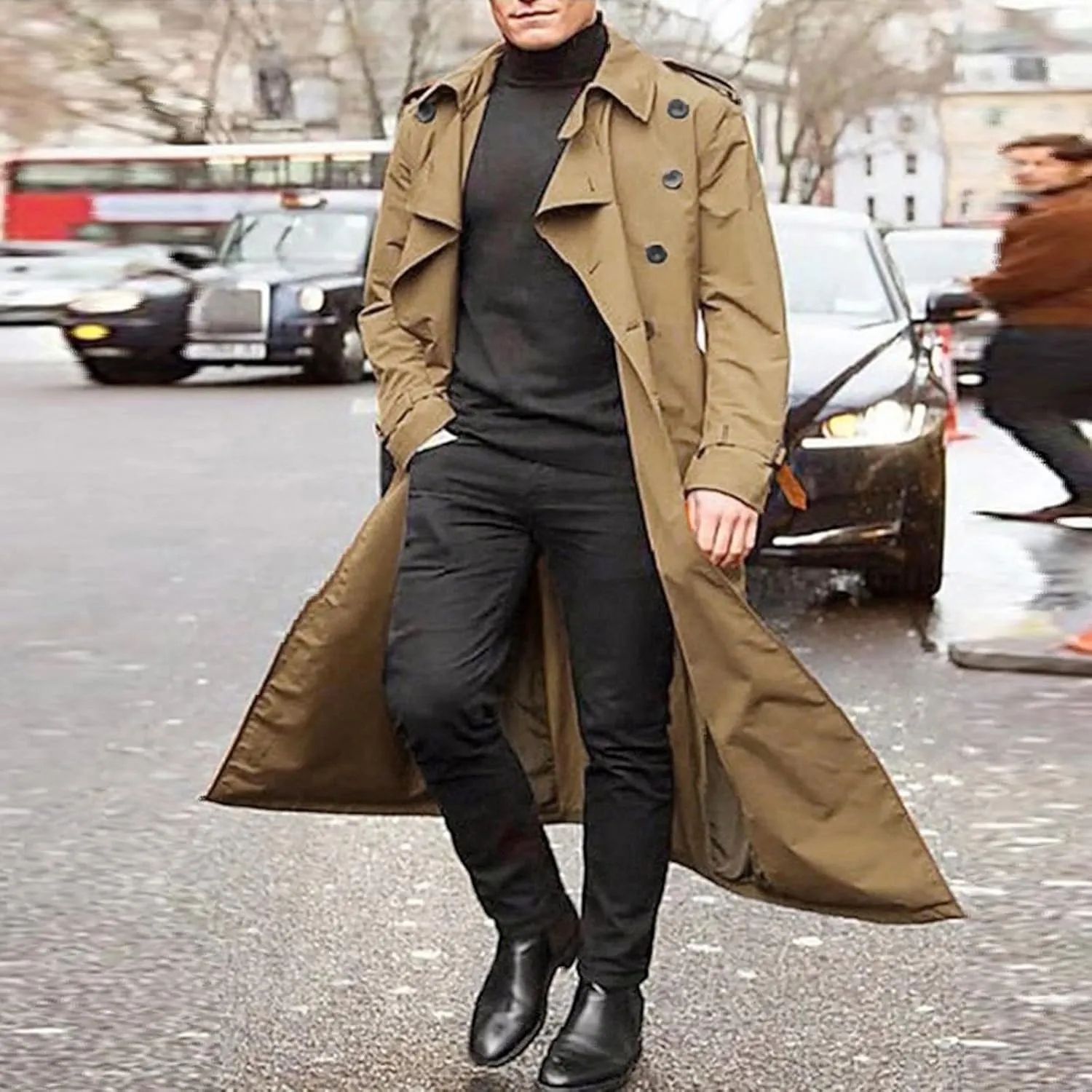 2023 Men's Casual Trench Coat Slim Fit Notched Collar Long Suit Jacket Overcoat Single Breasted Pea Coat Blazers wih Pockets