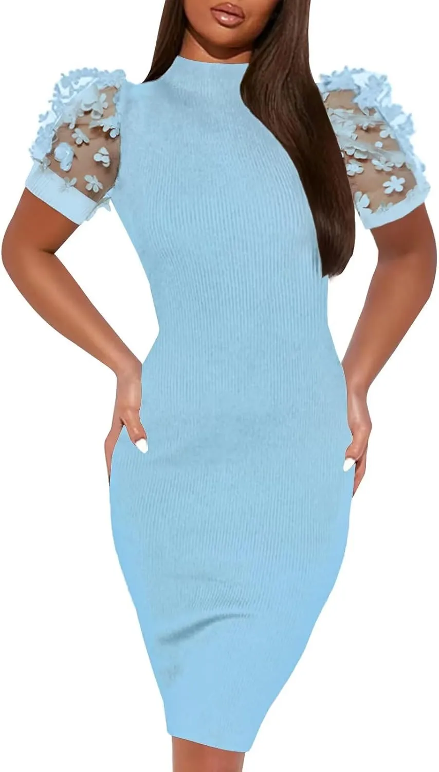 Annystore Women's Mesh See Through Sheer Dress Short Puff Sleeve Bodycon Dress Mock Neck Sexy Club Party Midi Dress Clubwear