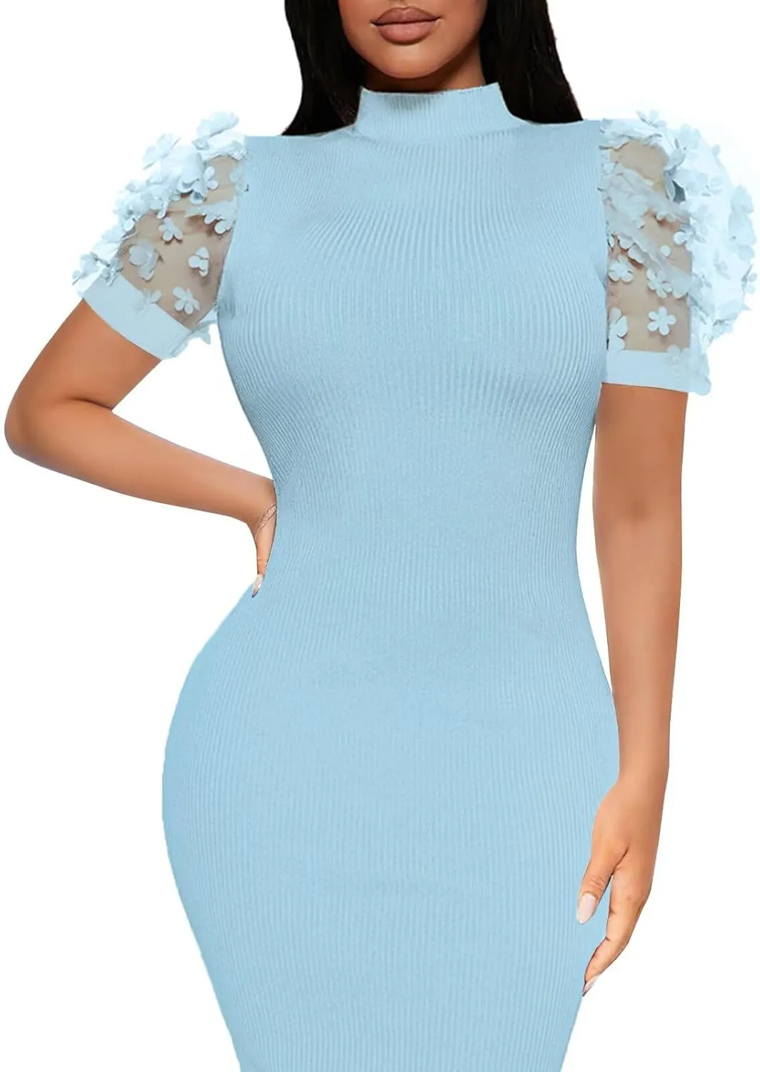 Annystore Women's Mesh See Through Sheer Dress Short Puff Sleeve Bodycon Dress Mock Neck Sexy Club Party Midi Dress Clubwear
