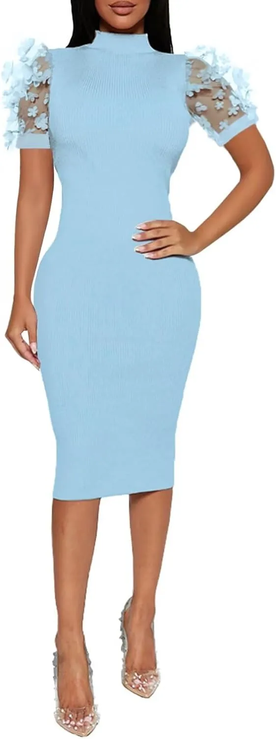 Annystore Women's Mesh See Through Sheer Dress Short Puff Sleeve Bodycon Dress Mock Neck Sexy Club Party Midi Dress Clubwear