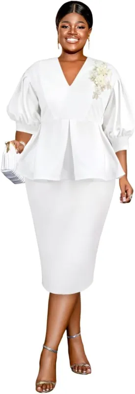 AOMEI Business Suit Sets for Women's 2 Piece Outfits V Neck Peplum Tops Floral Applique Formal Pencil Midi Skirt Suit