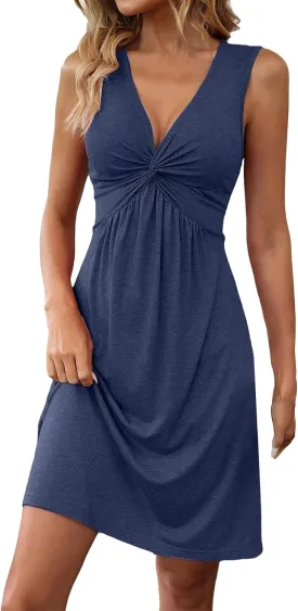 Casual Summer Dresses for Women 2025,Women's Cotton Line Twist Front V Neck Tank A Line Dress Ruffle Elegant Beach Dress