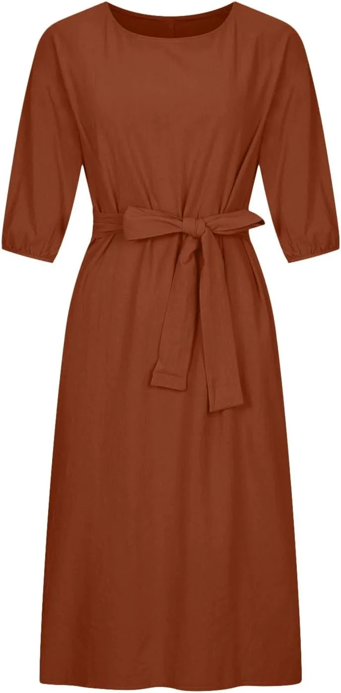 Cotton Linen Dresses for Women 2025 Casual Solid Color Work Dress Long Sleeve Tie Waist Knee Length Dress Boho Clothes