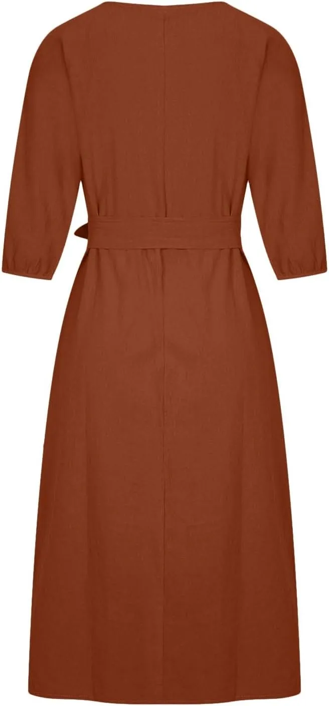 Cotton Linen Dresses for Women 2025 Casual Solid Color Work Dress Long Sleeve Tie Waist Knee Length Dress Boho Clothes