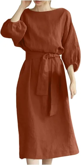 Cotton Linen Dresses for Women 2025 Casual Solid Color Work Dress Long Sleeve Tie Waist Knee Length Dress Boho Clothes