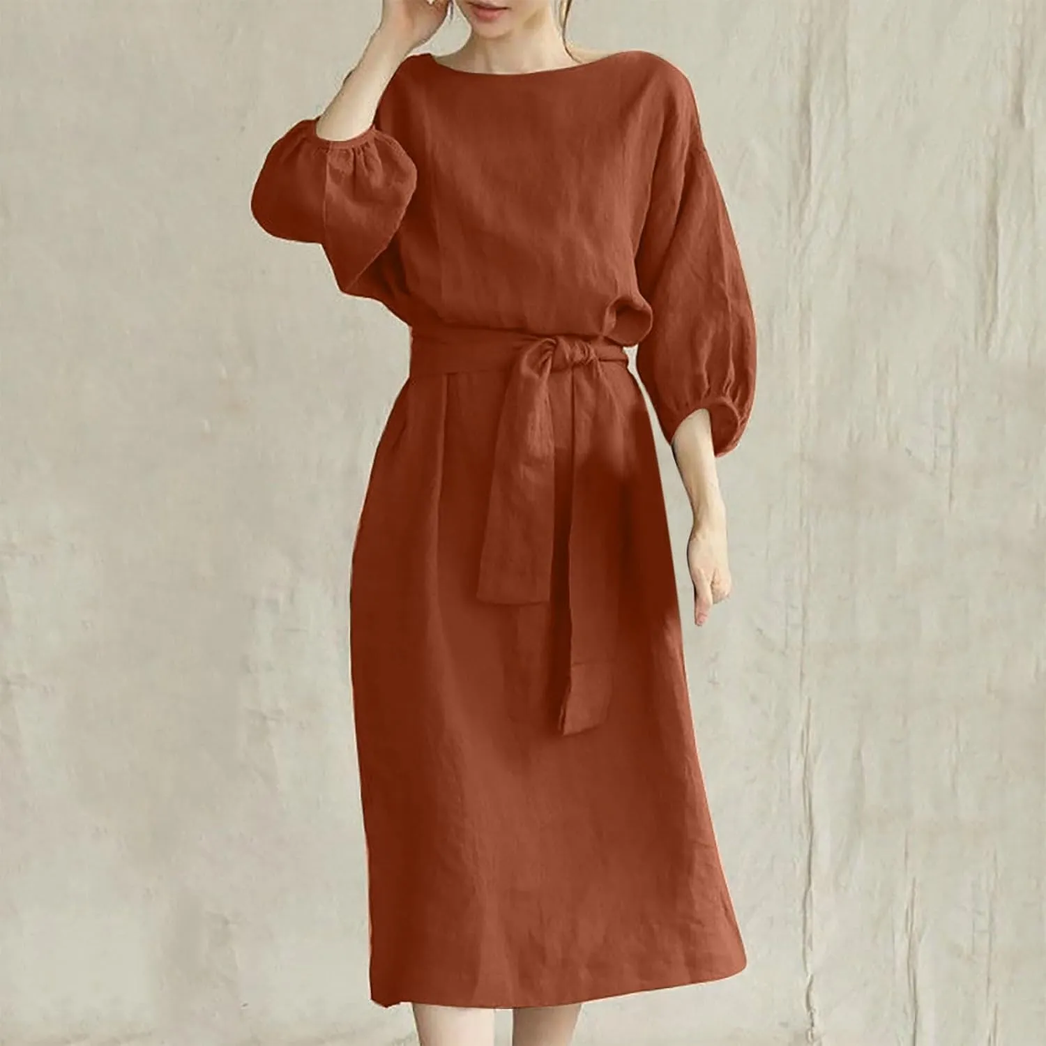 Cotton Linen Dresses for Women 2025 Casual Solid Color Work Dress Long Sleeve Tie Waist Knee Length Dress Boho Clothes