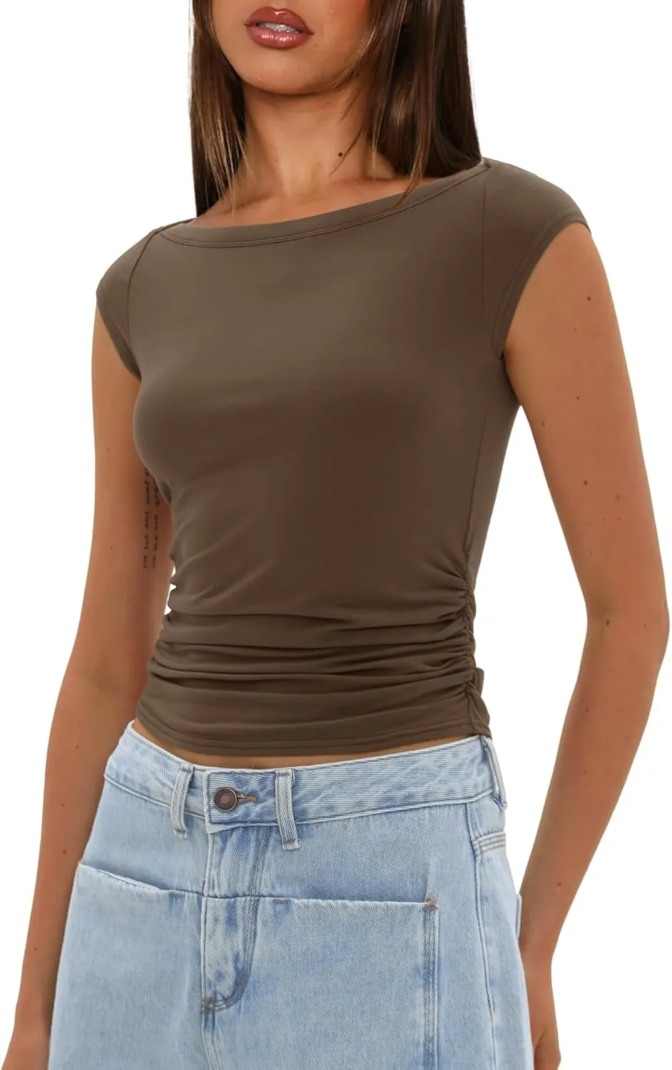 Darong Women's Summer Cap Sleeve Tops Slim Fitted Boat Neck Basic Tee Casual Going Out Top Shirts