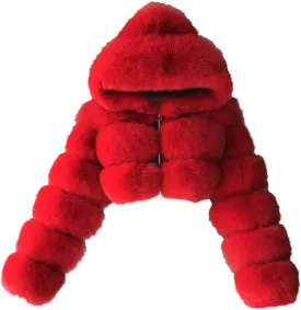 Faux Fur Coat Women with Hood Cropped Bubble Coats Fleece Fuzzy Sherpa Jackets Warm Fluffy Winter Coats Teddy Jackets