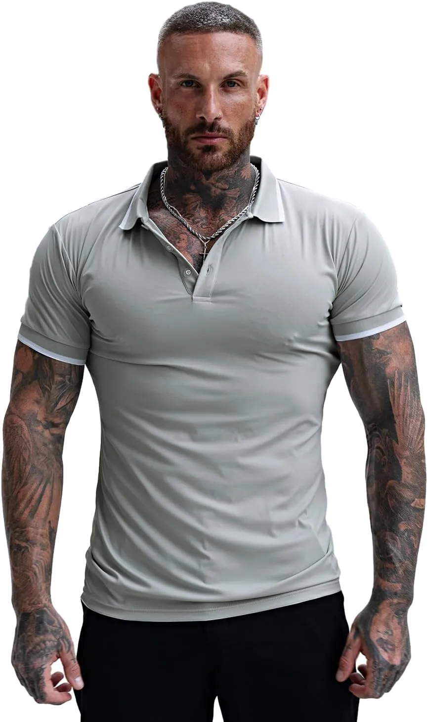 GINGTTO Men's Muscle Skinny Polo Shirts Workout V-Neck Golf Tops Fitted for Men Short Sleeves