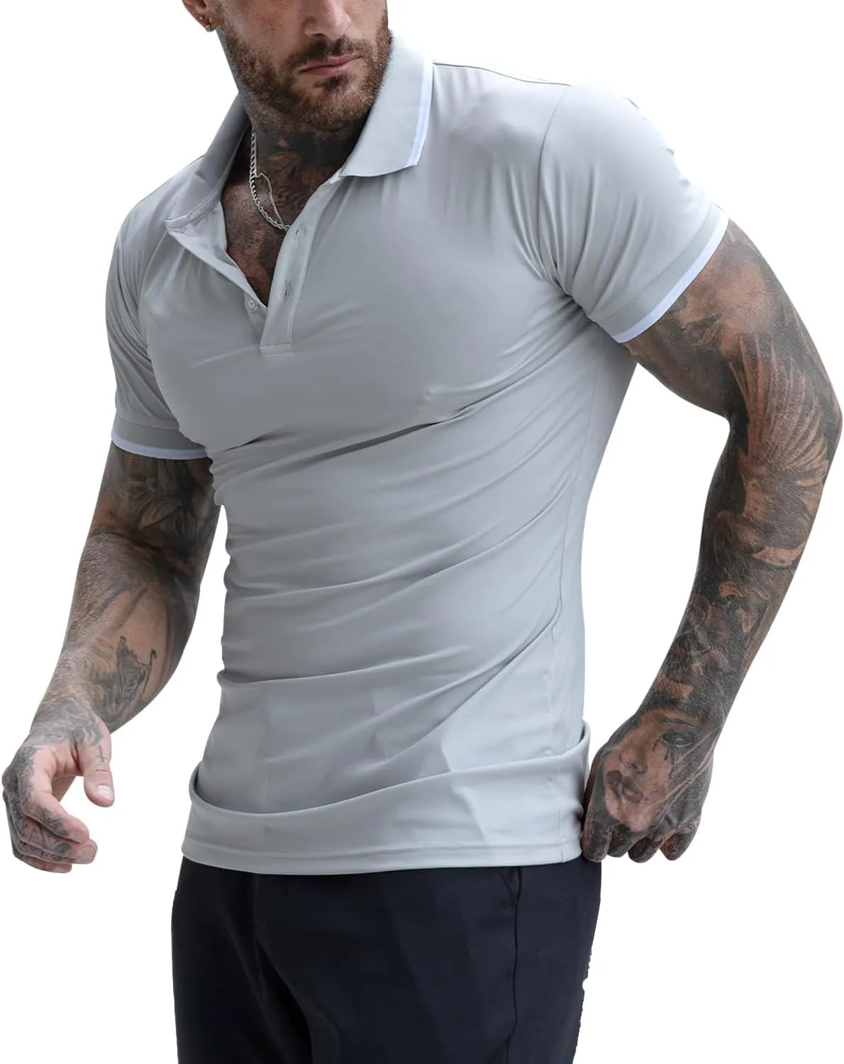 GINGTTO Men's Muscle Skinny Polo Shirts Workout V-Neck Golf Tops Fitted for Men Short Sleeves