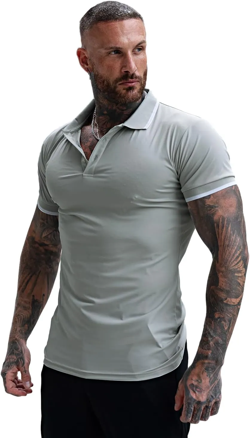GINGTTO Men's Muscle Skinny Polo Shirts Workout V-Neck Golf Tops Fitted for Men Short Sleeves