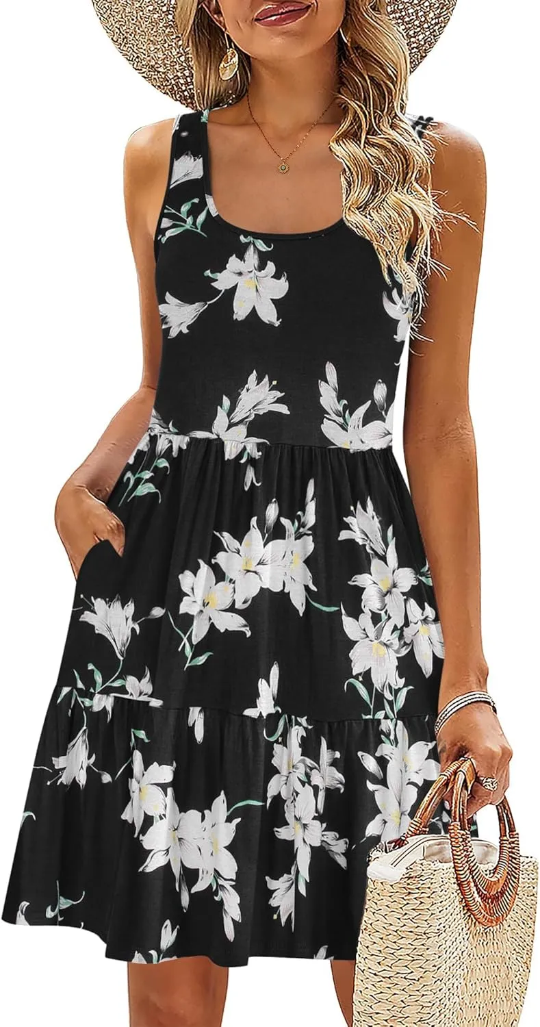 HOTOUCH Women Casual Summer Dress Sleeveless Ruffle Swing Dress with Pockets Tiered Mini Sundress Tank Short Dress A Line