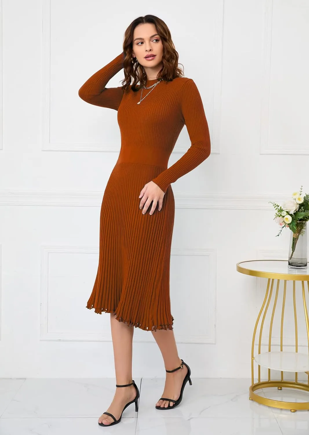 IWFEV Sweater Dress Mid-Calf Pleated Dress Long Sleeve Knit Pullover Bodycon Women's Maxi Dress