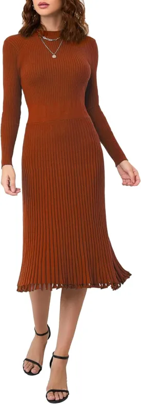 IWFEV Sweater Dress Mid-Calf Pleated Dress Long Sleeve Knit Pullover Bodycon Women's Maxi Dress