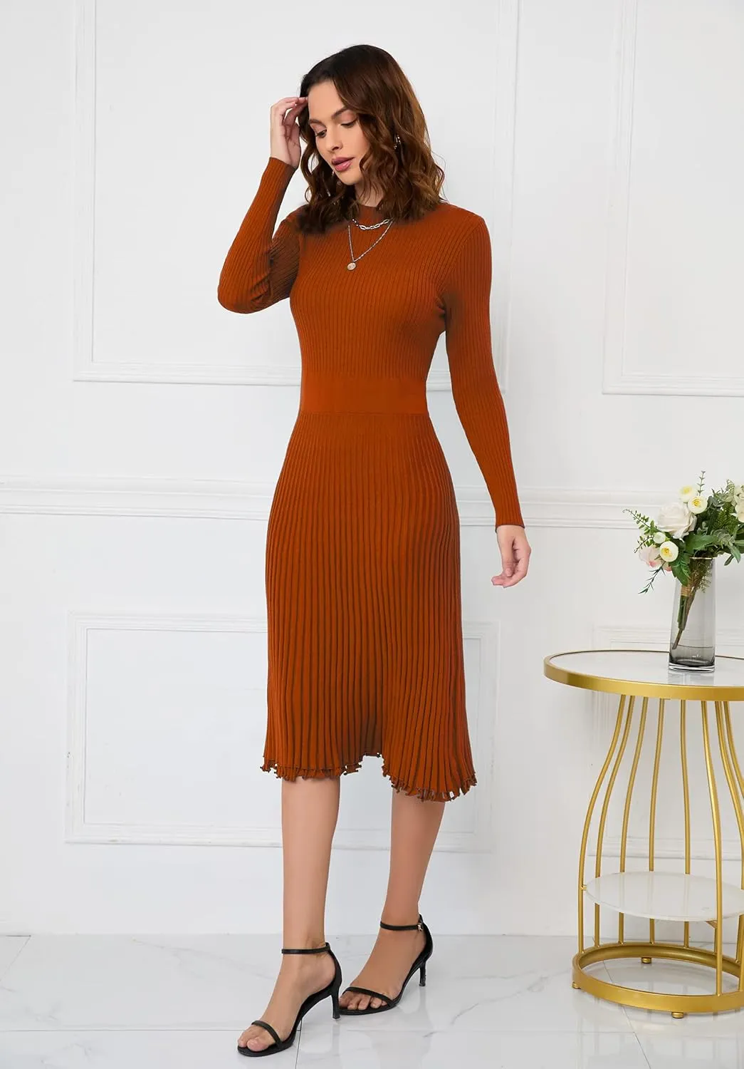 IWFEV Sweater Dress Mid-Calf Pleated Dress Long Sleeve Knit Pullover Bodycon Women's Maxi Dress