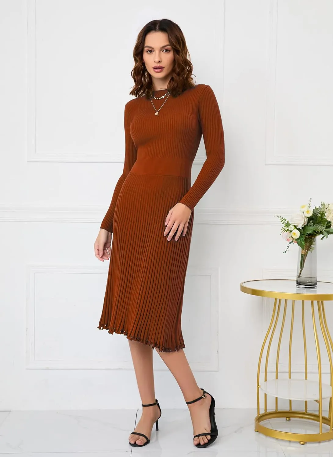 IWFEV Sweater Dress Mid-Calf Pleated Dress Long Sleeve Knit Pullover Bodycon Women's Maxi Dress
