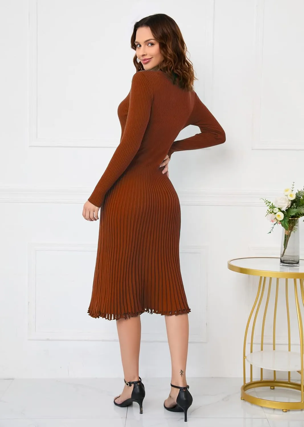 IWFEV Sweater Dress Mid-Calf Pleated Dress Long Sleeve Knit Pullover Bodycon Women's Maxi Dress
