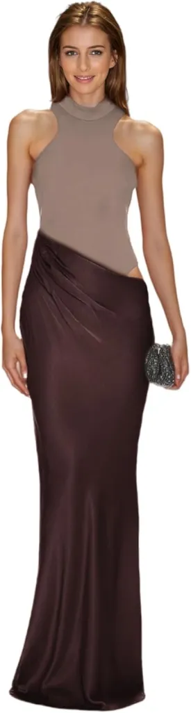 JUMISEE Women's Elegant Pleated Satin Maxi Dress Sexy Mock Neck Hollow Out Long Dress Flowy Cocktail Party Evening Dress