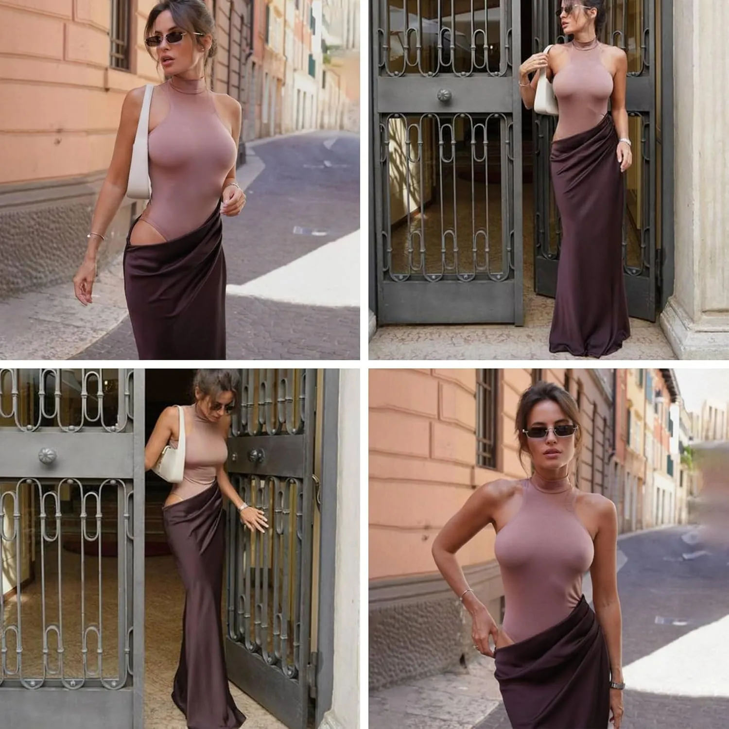 JUMISEE Women's Elegant Pleated Satin Maxi Dress Sexy Mock Neck Hollow Out Long Dress Flowy Cocktail Party Evening Dress