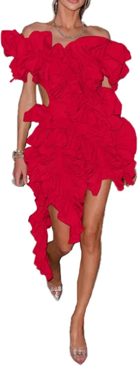 LETSVDO Womens Off Shoulder Dress Sleeveless Backless Asymmetrical Bodycon Formal Wedding Guest Cocktail Mini Dresses