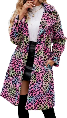 loveimgs Women Long Faux Fur Jacket Warm Coat Leopard Fluffy Open Front Cardigan Fuzzy Teddy Coat Winter Overcoat