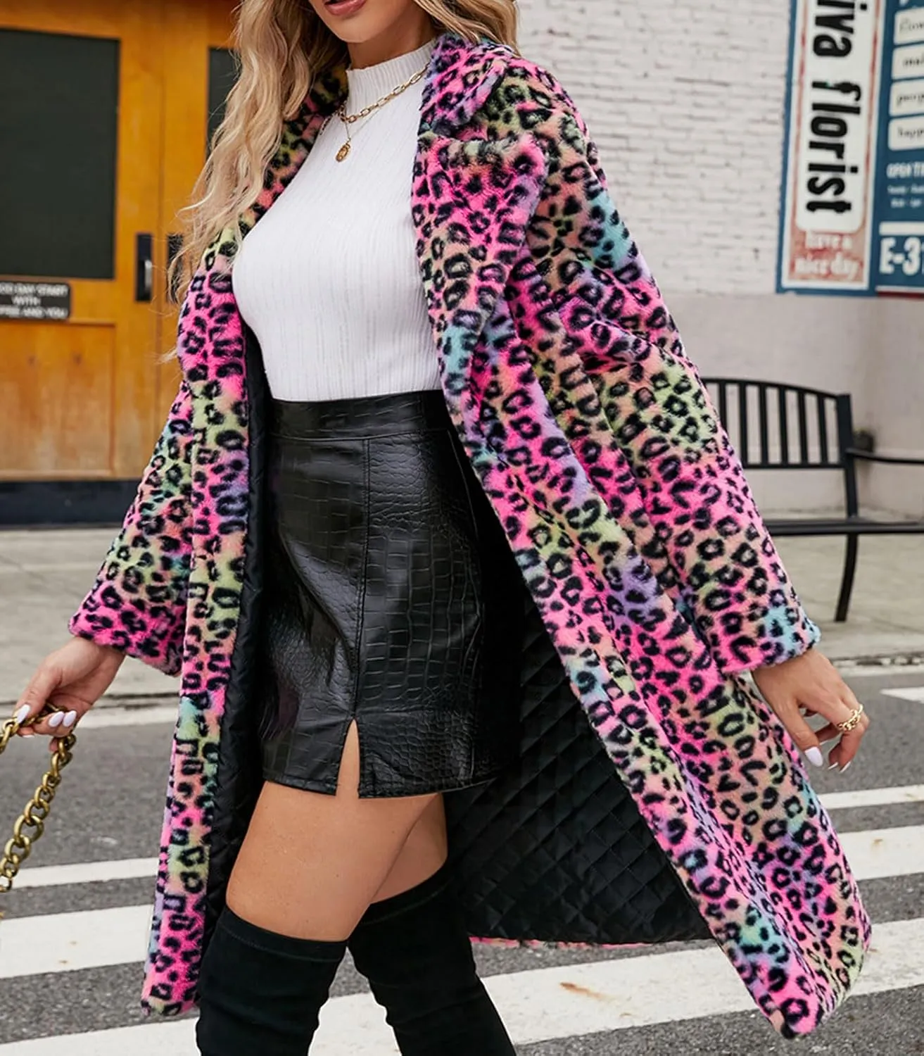 loveimgs Women Long Faux Fur Jacket Warm Coat Leopard Fluffy Open Front Cardigan Fuzzy Teddy Coat Winter Overcoat
