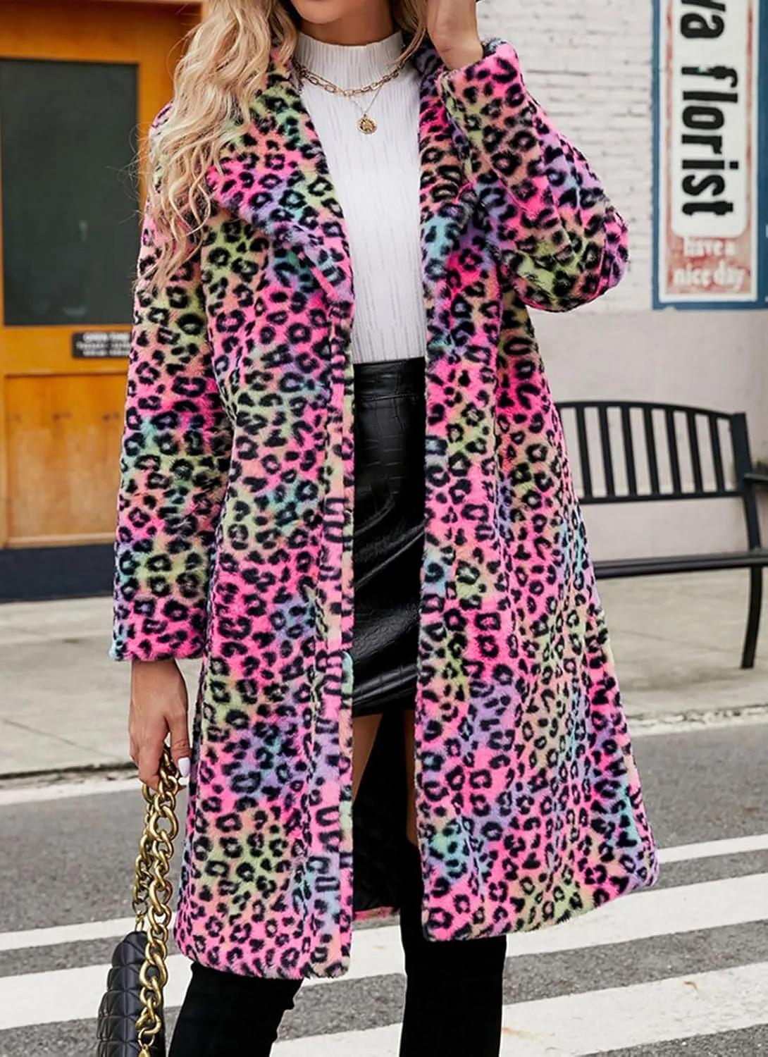 loveimgs Women Long Faux Fur Jacket Warm Coat Leopard Fluffy Open Front Cardigan Fuzzy Teddy Coat Winter Overcoat