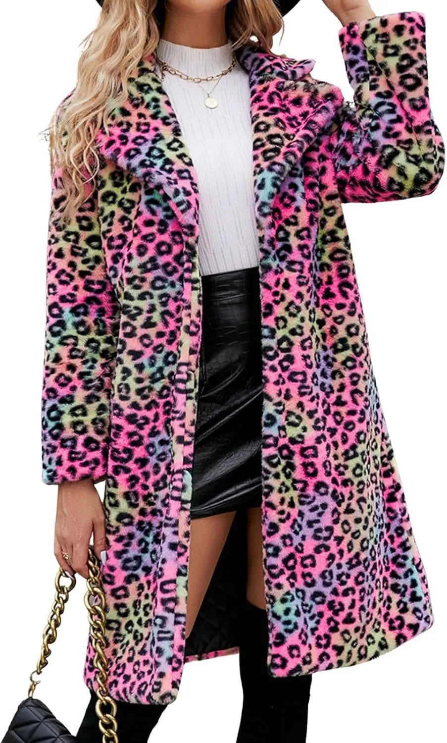 loveimgs Women Long Faux Fur Jacket Warm Coat Leopard Fluffy Open Front Cardigan Fuzzy Teddy Coat Winter Overcoat