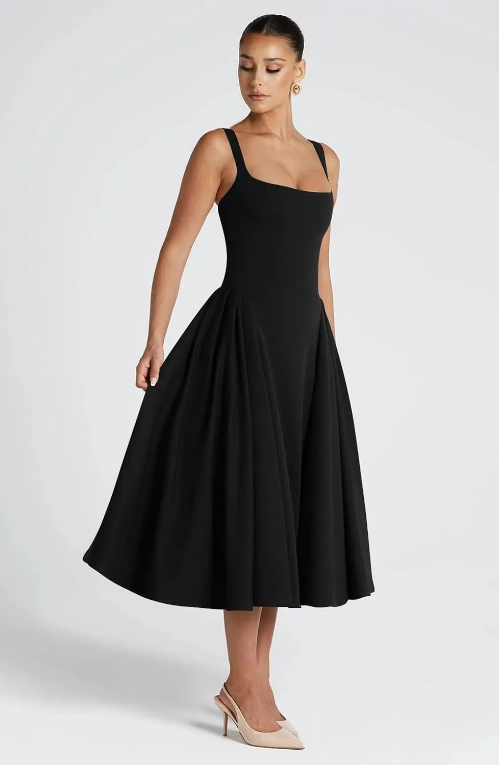 Memoriesea Women's Elegant Square Neck Swing A Line Wedding Evening Party Midi Dress