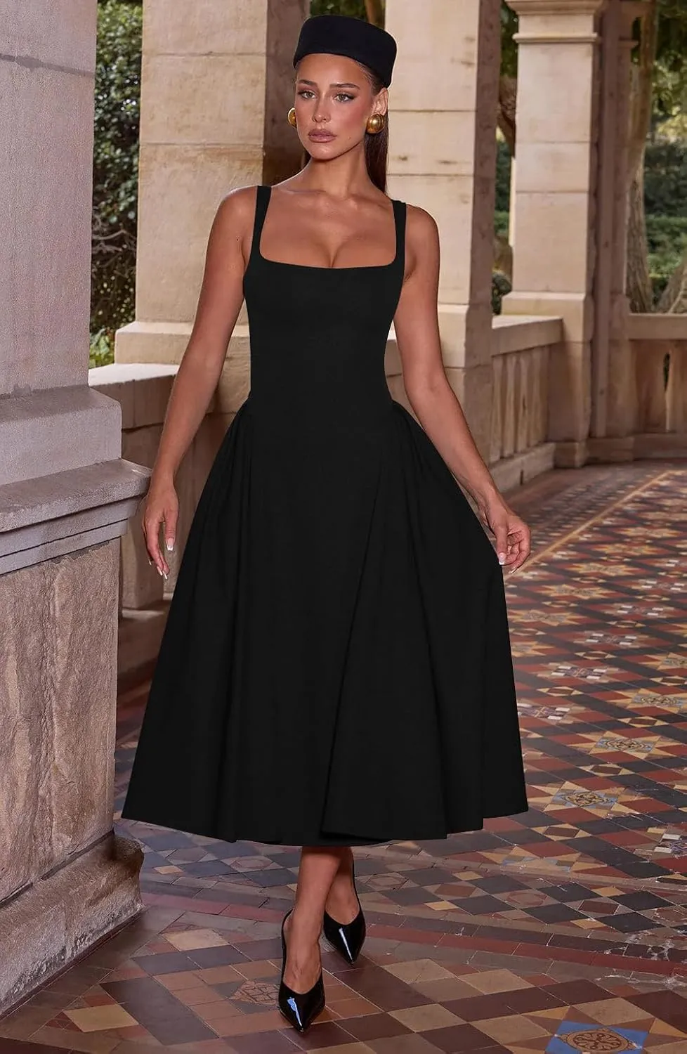 Memoriesea Women's Elegant Square Neck Swing A Line Wedding Evening Party Midi Dress