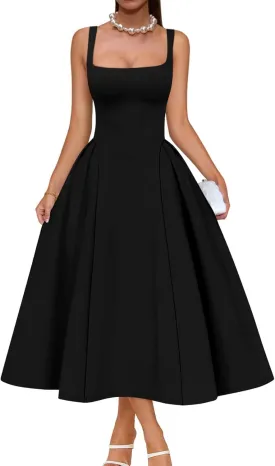 Memoriesea Women's Elegant Square Neck Swing A Line Wedding Evening Party Midi Dress