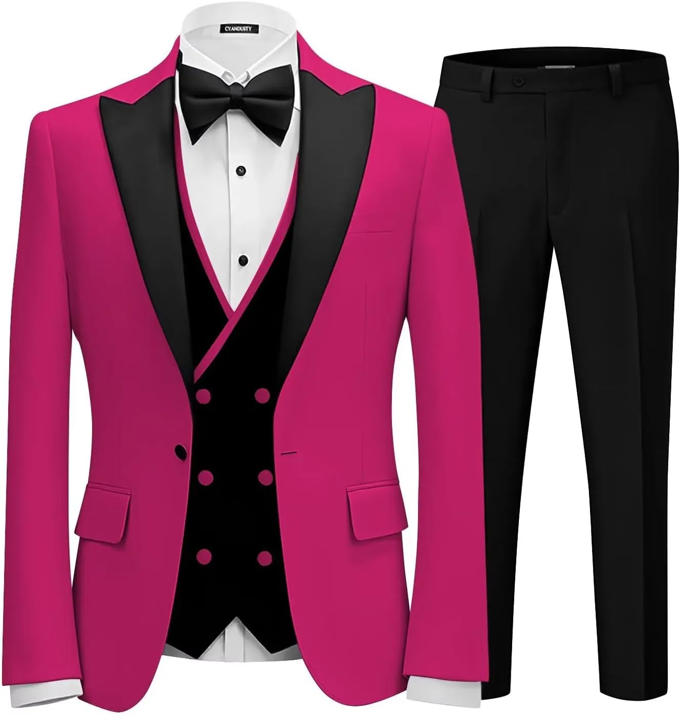 Men 3 Piece Tuxedo Suit Double Breasted Suit for Men Wedding Prom Slim Fit Blazer Vest Pants with Bow Tie