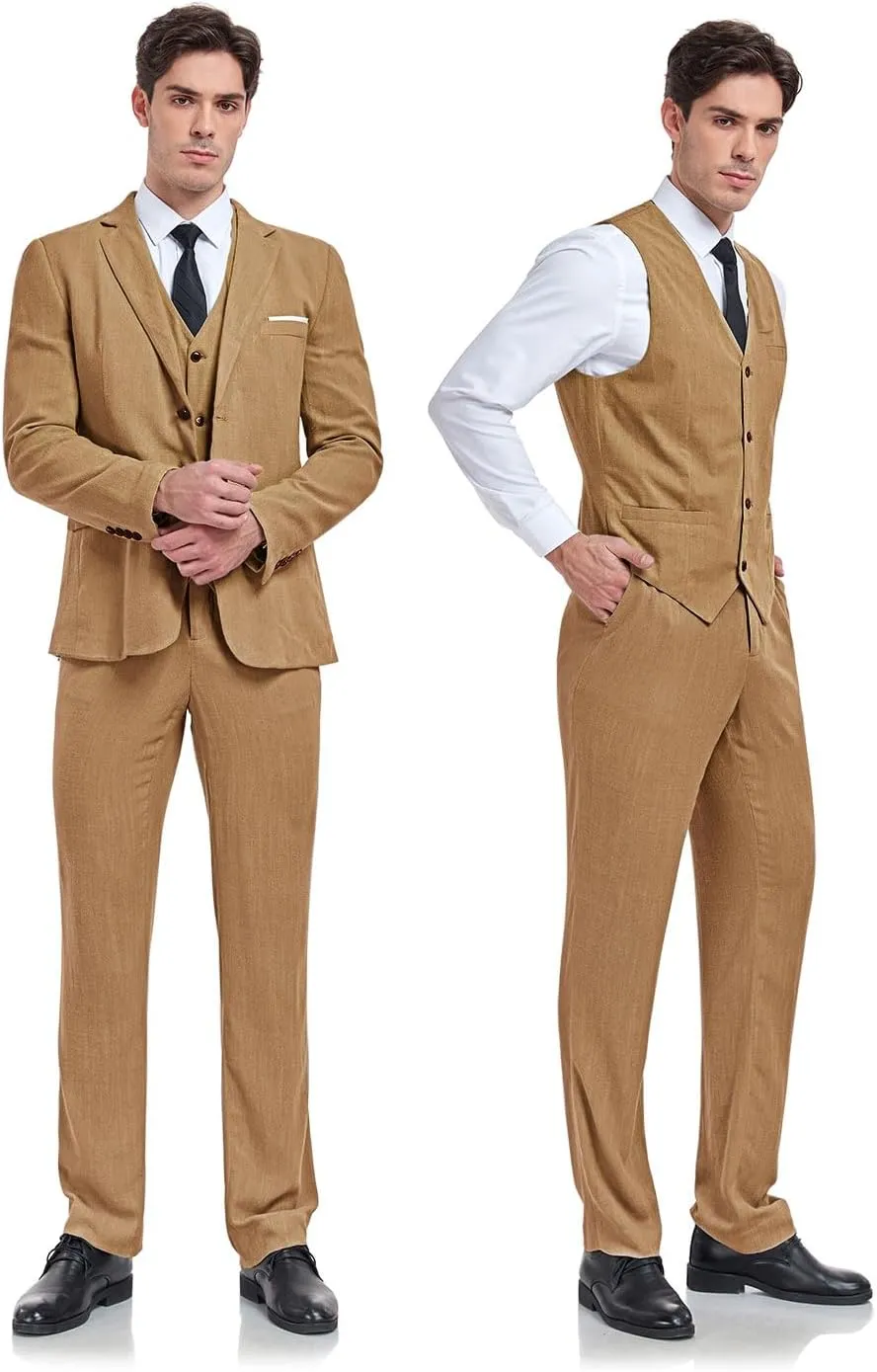 Men's 3 Pieces Linen Suit Slim Fit Summer Wedding Tuxedo Retro Grooms Prom Party Blazer Vest Pants