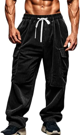 Mens Baggy Corduroy Cargo Pants Vintage Casual Drawstring Wide Leg Joggers Outdoors Multi Pocket Cargo Trousers