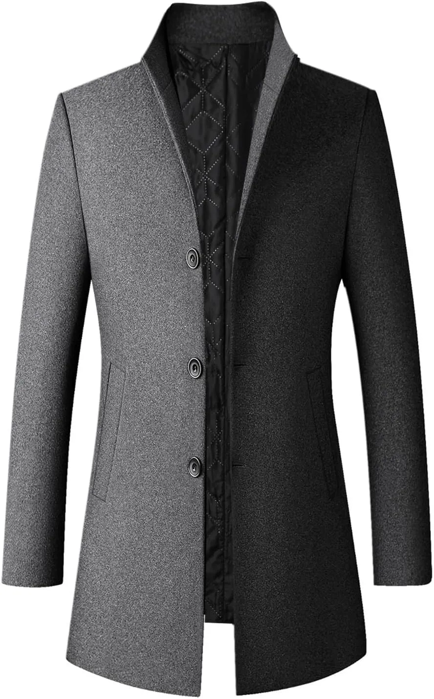 Men's Classic Single Breasted Peacoat Men's Mid-Length Single Breasted Wool Blend Top Coat Long Jacket Overcoat