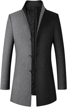 Men's Classic Single Breasted Peacoat Men's Mid-Length Single Breasted Wool Blend Top Coat Long Jacket Overcoat