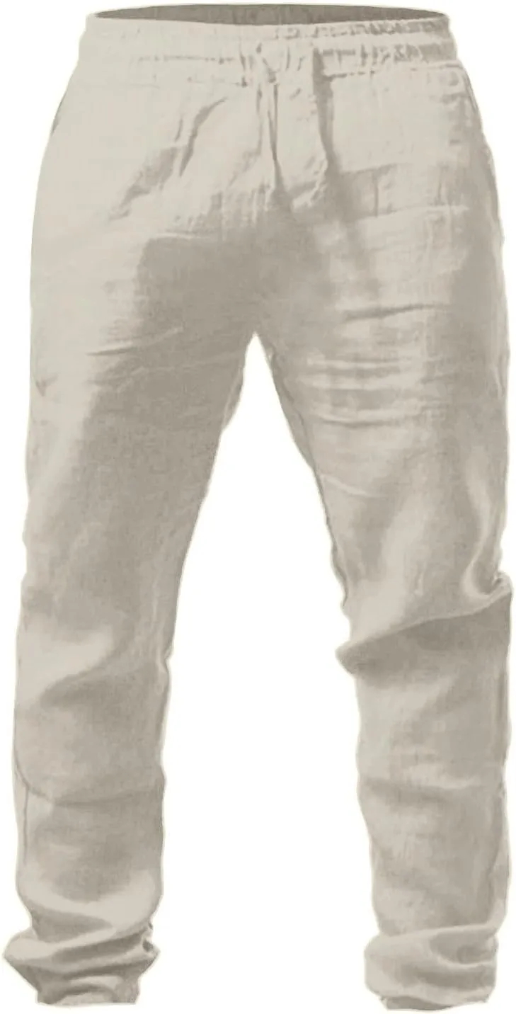 Mens Cotton Linen Drawstring Pants Casual Lightweight Elastic Waist Beach Pants Casual Jogger Yoga Pants with Pockets