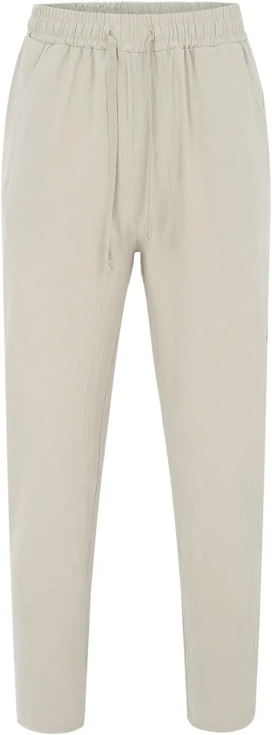Mens Cotton Linen Drawstring Pants Casual Lightweight Elastic Waist Beach Pants Casual Jogger Yoga Pants with Pockets