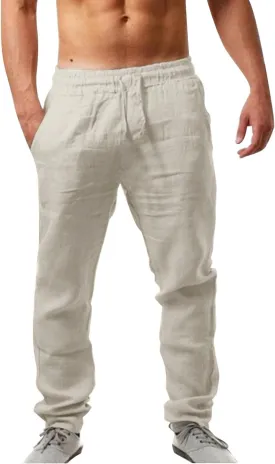 Mens Cotton Linen Drawstring Pants Casual Lightweight Elastic Waist Beach Pants Casual Jogger Yoga Pants with Pockets