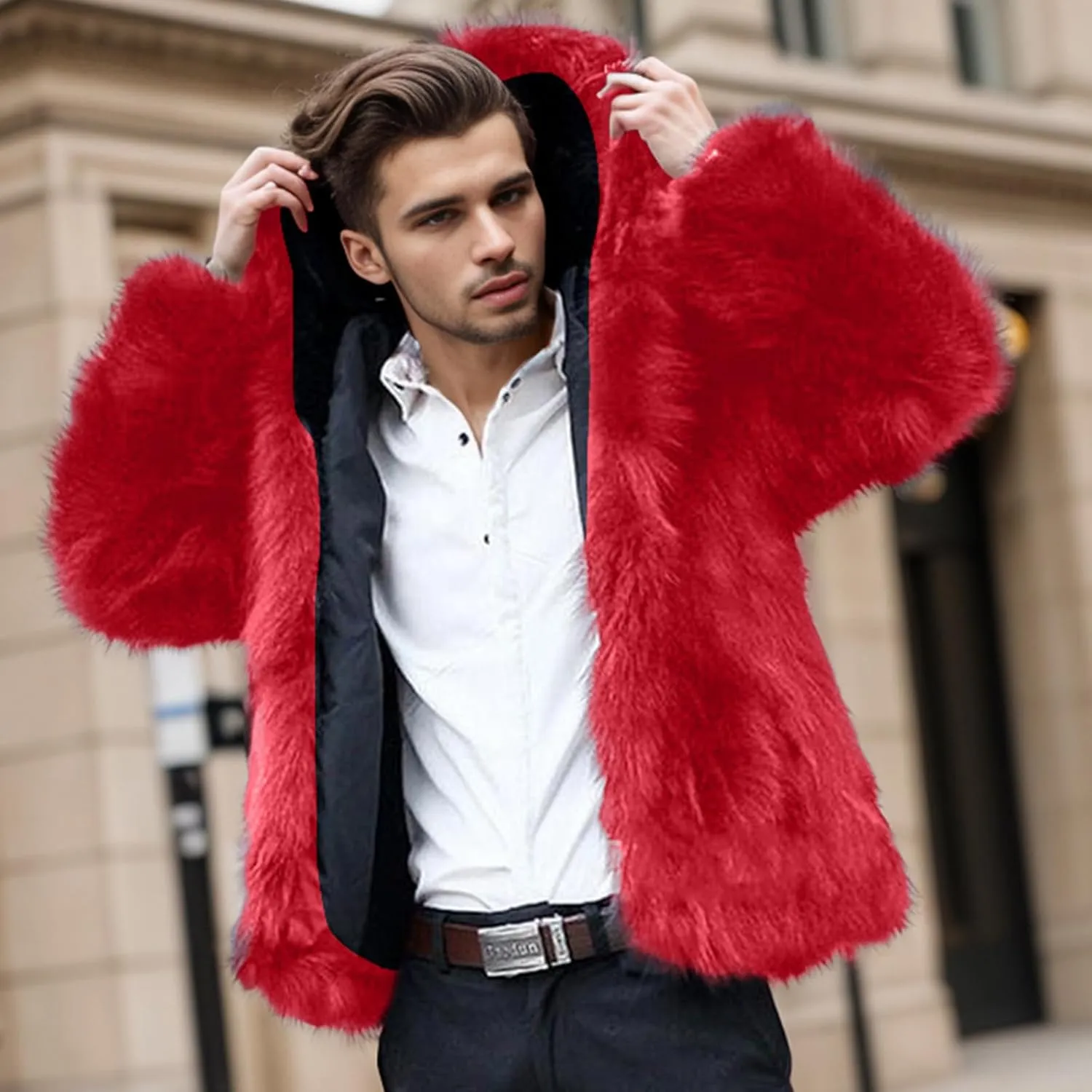 Mens Faux Fur Coat Jacket Mid Winter Warm Thicken Furry Overcoat Solid Color Long Sleeve Fluffy Fur Y2K Outerwear