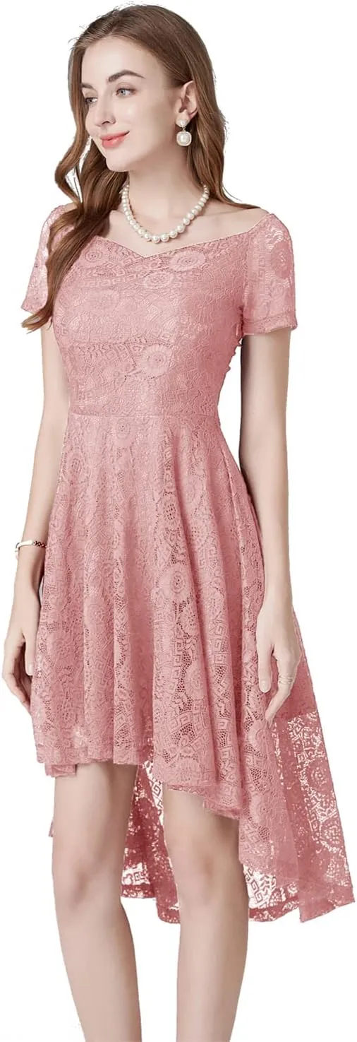 MllesReve Vintage Floral Lace Women Cocktail Party Dress High Low Swing Dress Formal Wedding Guest Dress