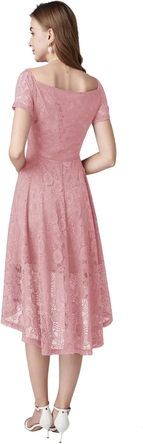 MllesReve Vintage Floral Lace Women Cocktail Party Dress High Low Swing Dress Formal Wedding Guest Dress