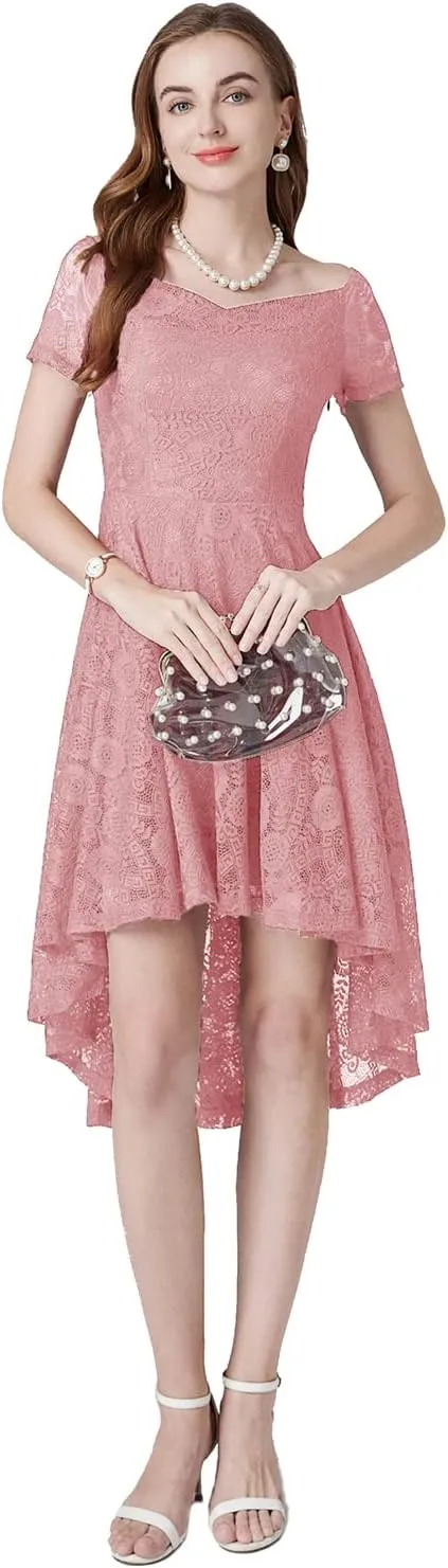 MllesReve Vintage Floral Lace Women Cocktail Party Dress High Low Swing Dress Formal Wedding Guest Dress
