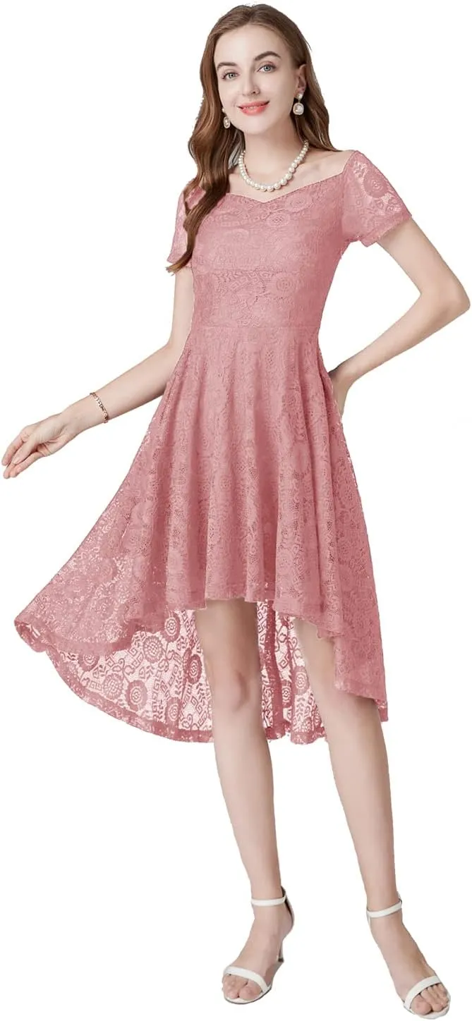 MllesReve Vintage Floral Lace Women Cocktail Party Dress High Low Swing Dress Formal Wedding Guest Dress