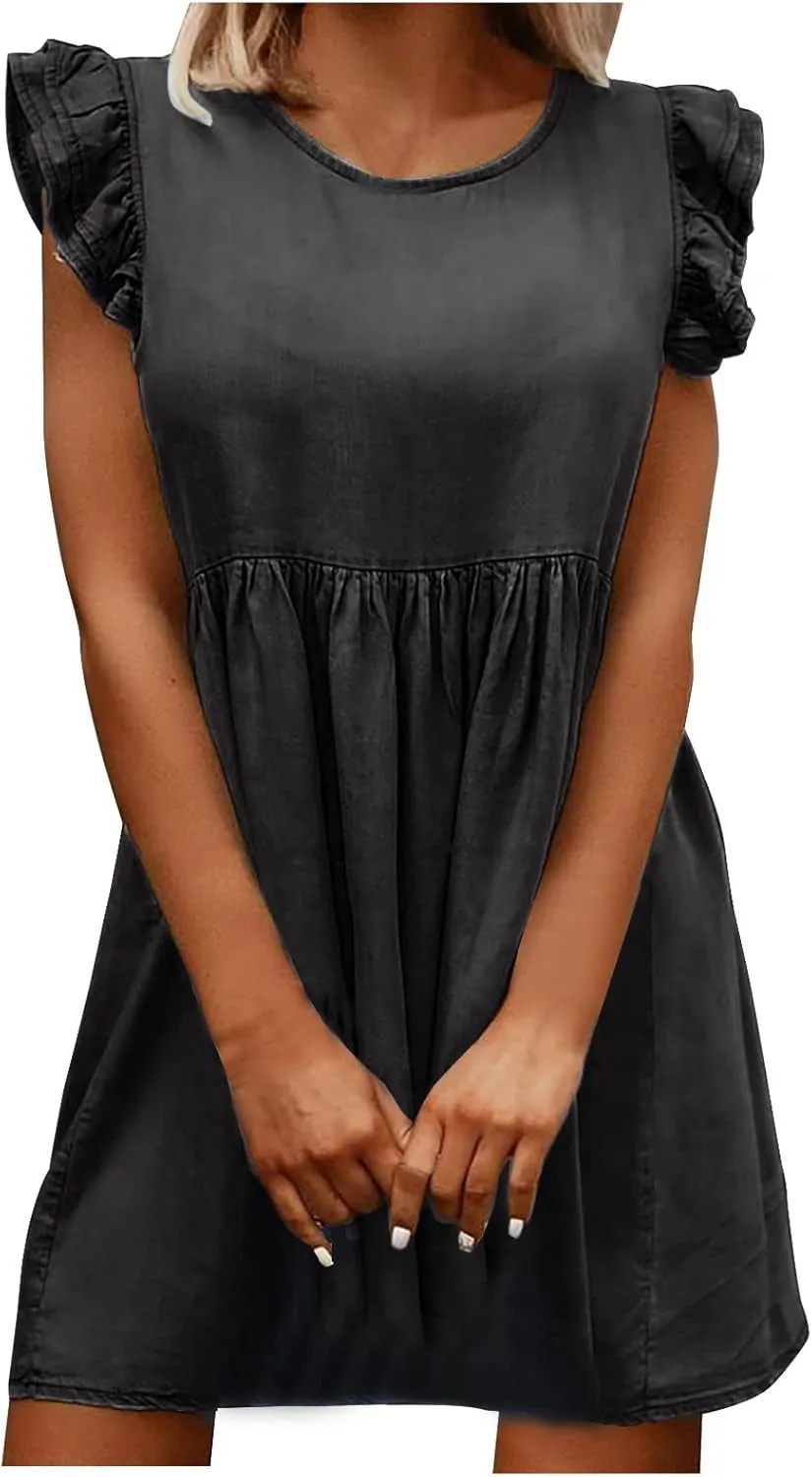 NaRHbrg Summer Denim Shirt Dresses for Womens Short Sleeve Loose Jean Midi Dress Button Down Casual Shift Dress Tunic Top