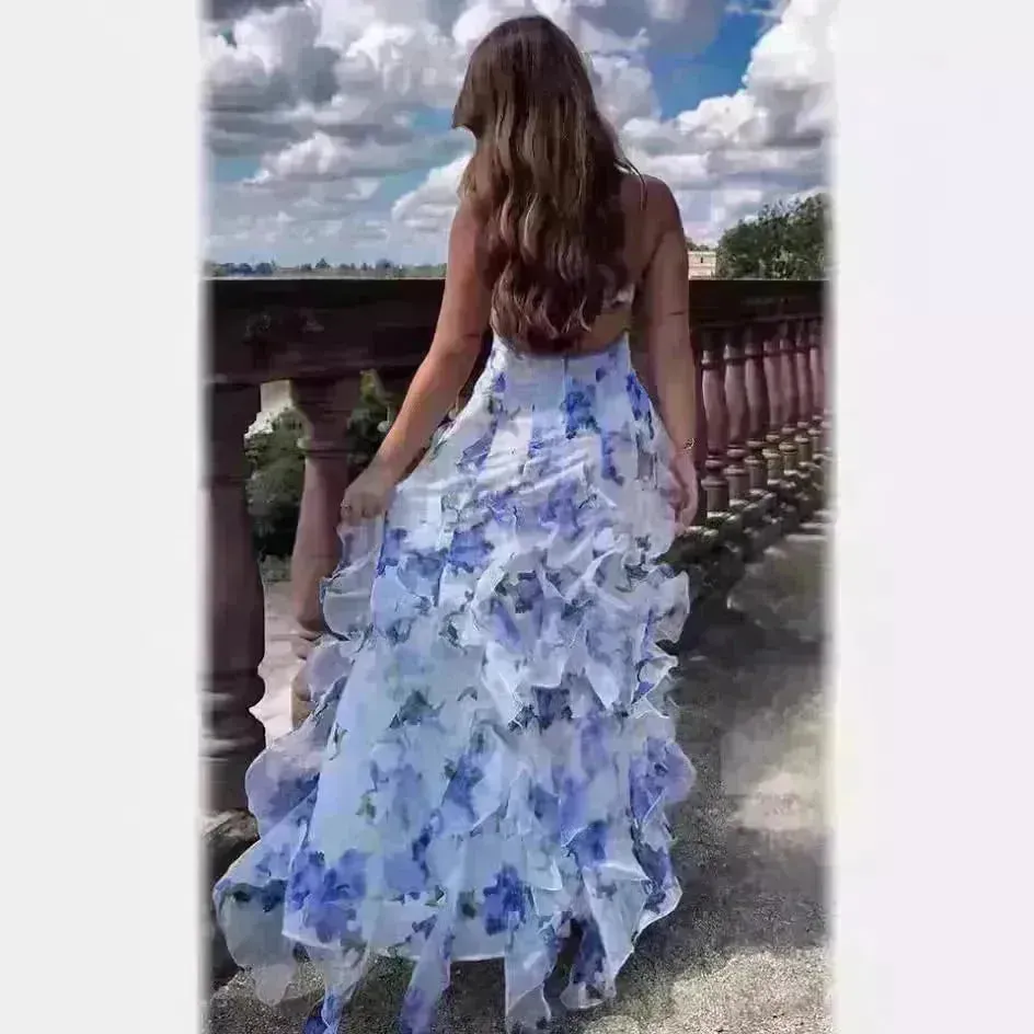 New Women's Spring And Summer Dew Fairy Sleeveless Backless Floral Long Dress