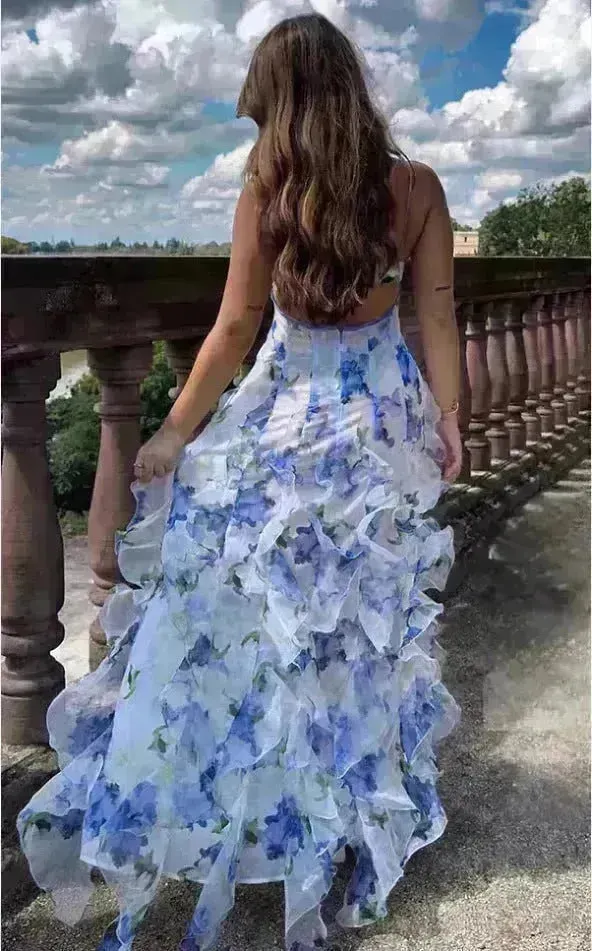 New Women's Spring And Summer Dew Fairy Sleeveless Backless Floral Long Dress