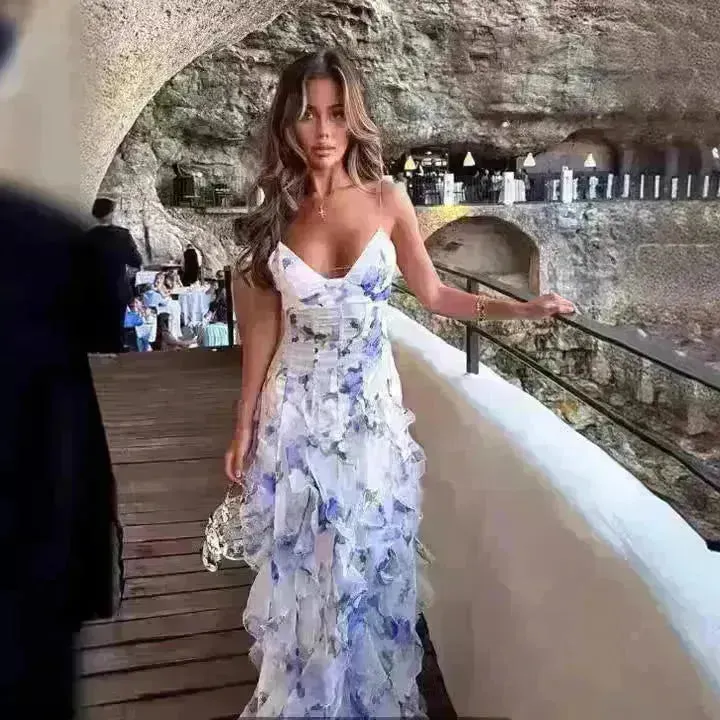 New Women's Spring And Summer Dew Fairy Sleeveless Backless Floral Long Dress