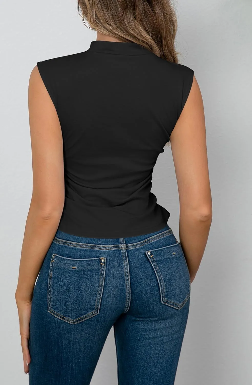 OMSJ Womens Mock Turtleneck Tank Tops Slim Fitted Sleeveless Crop Top Stretchy Summer Casual Trendy Side Ruched Shirts