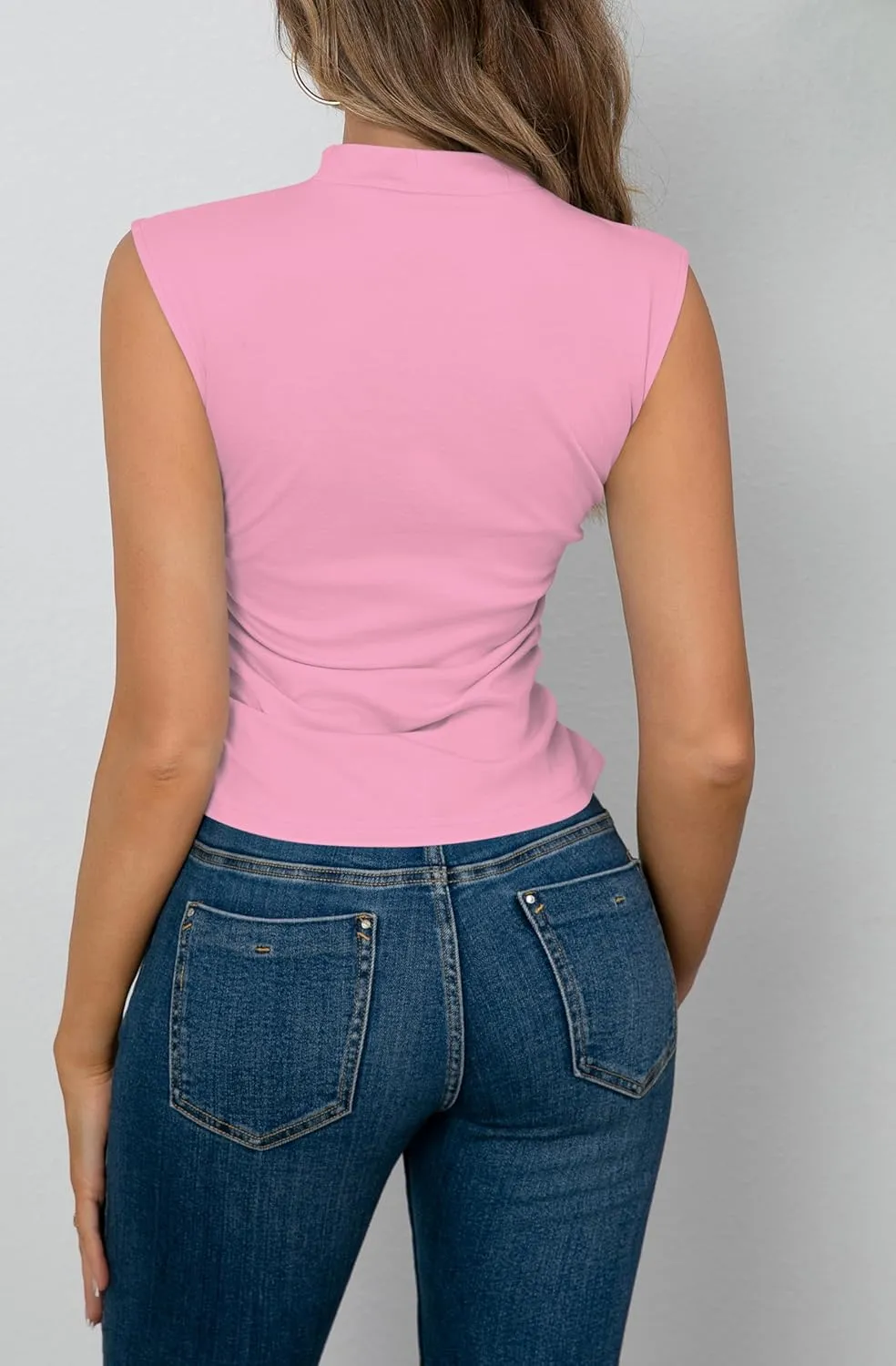OMSJ Womens Mock Turtleneck Tank Tops Slim Fitted Sleeveless Crop Top Stretchy Summer Casual Trendy Side Ruched Shirts